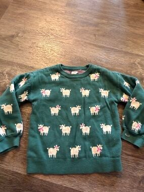 GAP Green Sweater with Cream Sheep and Pink Accents